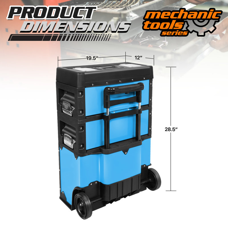 3-In-1 Stackable Tool Box With Wheels, Rolling Hand Case Tool Box Trolley Chest Cabinet With Drawer, Blue