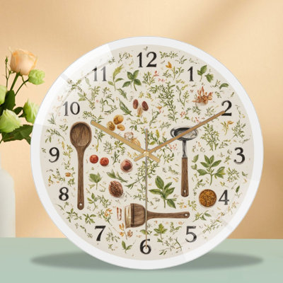 Kitchen Herb Wall Clock Cooking Utensils Decor Art - 12'' Modern Glass Wall Clock
