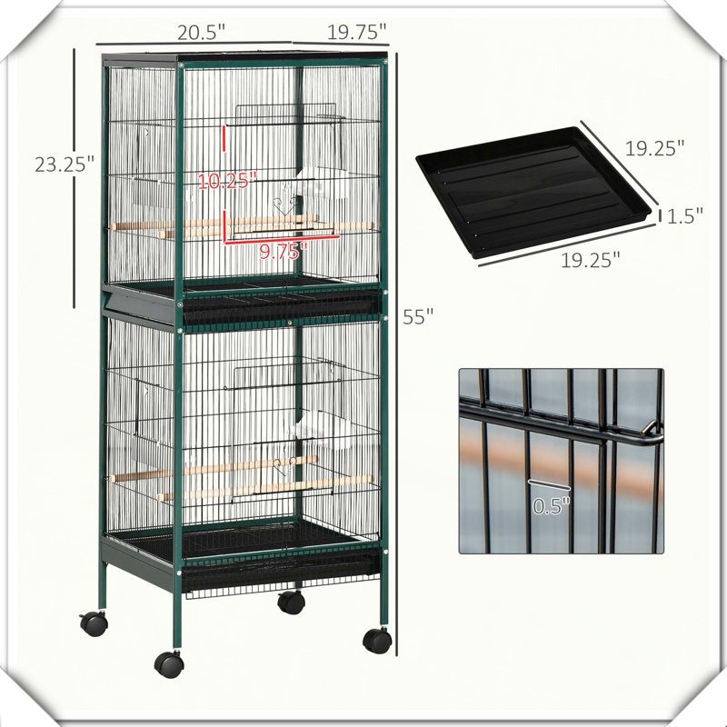 Grande volière d'oiseaux d'intérieur avec support et plateau multi-portes, Vert
