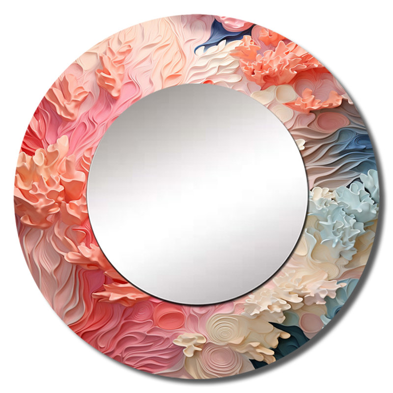 Romayne Pink And White Coastal Coral Collage - Corals Decorative Mirror, Coastal Round Wall Mirror, Printed Metal Art