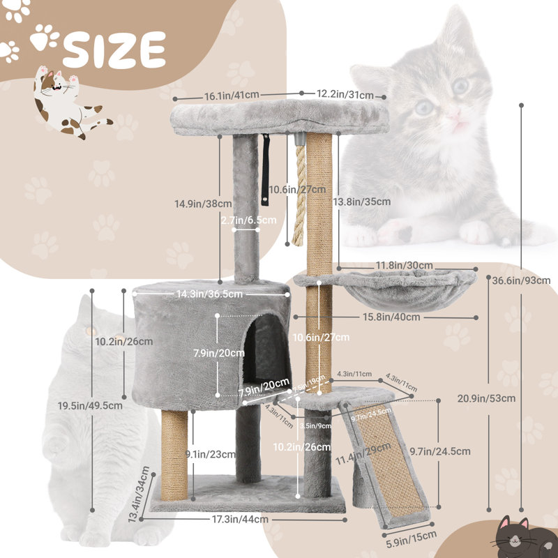  Arbre à chat 39 po pour chats d'intérieur, tour pour chat avec poteaux à griffes, condo, hamacs, perchoir moelleux, jouets, gris clair, parfait pour les chats actifs