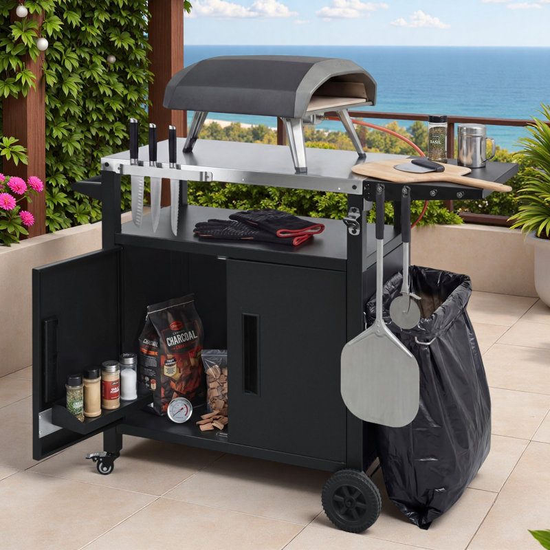 Outdoor Grill Cart Kitchen Island With Storage Cabinet, Foldable Table, Wheels, Stainless Steel Top, Hooks, Spice Rack And Waterproof Cover