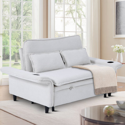 Modern style Convertible Corduroy Upholstered Sofa Bed with Cup Holders and Adjustable arms for Small Spaces