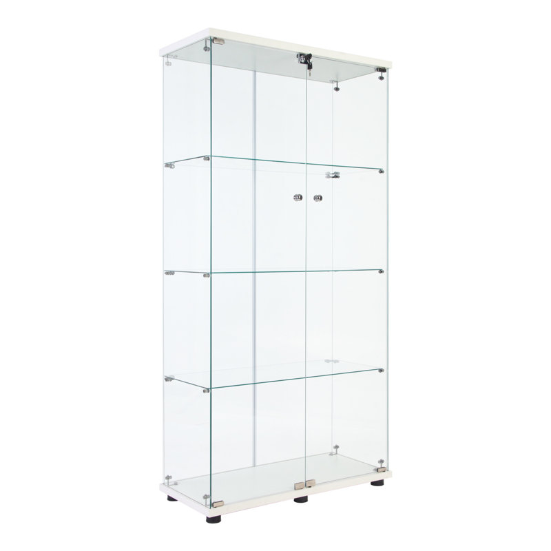 Vitrine éclairée en verre à 4 tablettes - blanc, 12 options de couleurs, H 65,7 po x l 31,43 po x l 14,27 po, verre trempé de 5 mm, panneaux en bois massif, armoire de rangement sécurisée à deux portes et 4 tablettes, éclairage, options par télécommande