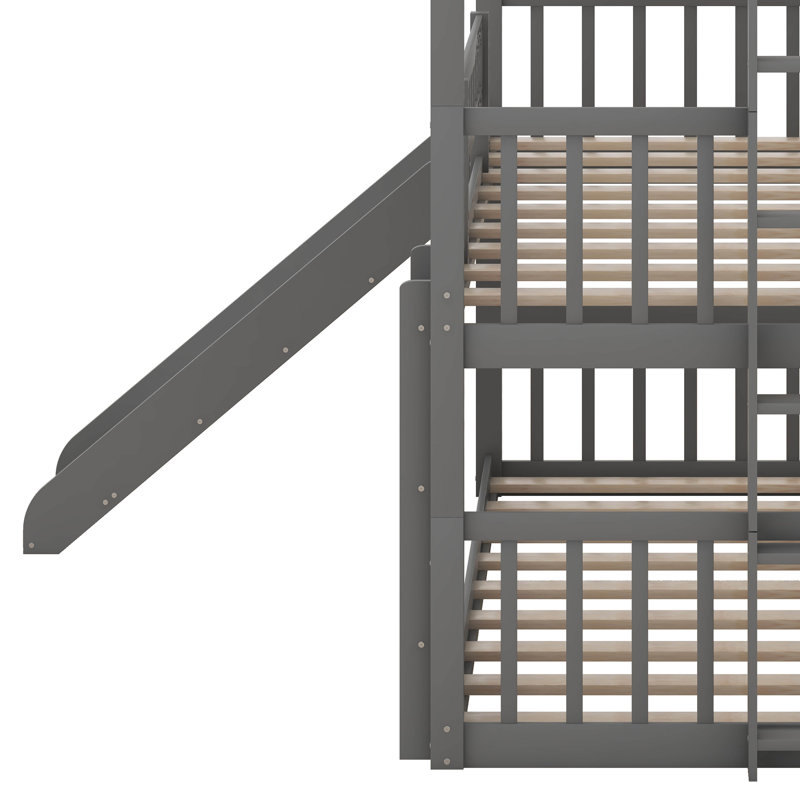 Full-Over-Full-Over-Full Triple Bed With Built-In Ladder And Slide, Triple Bunk Bed With Guardrails, 3 Bed Bunk Beds For Kids