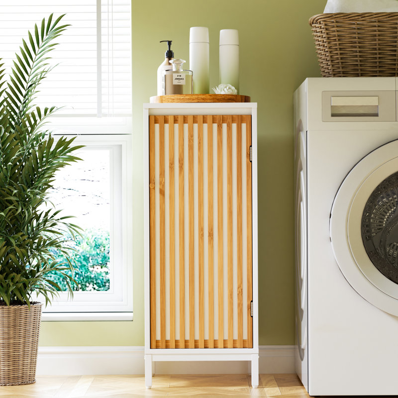 Armoire de salon avec porte à lattes en bambou - naturel / blanc