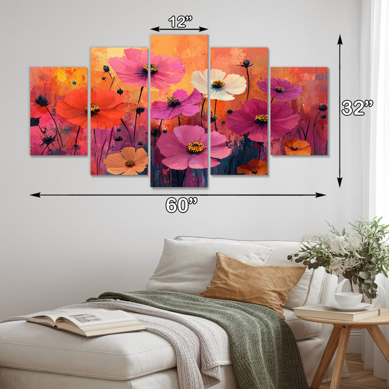 Neon Meadow in Bright Contrast Pop Art - Wildflowers Wall Art - ensemble d'art mural traditionnel 5 pièces