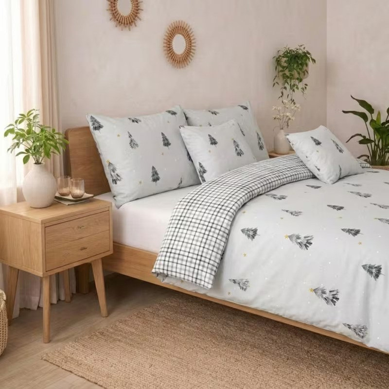 Duvet Cover Set Light Grey Christmas Tree Reversible Poly-Cotton Sizes with Pillowcase