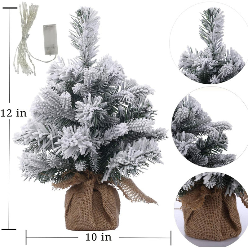 Mini sapin de Noël artificiel pré-éclairé, sapin de Noël artificiel enneigé 12 pouces, 40 branches, base en toile de jute - (30 cm)