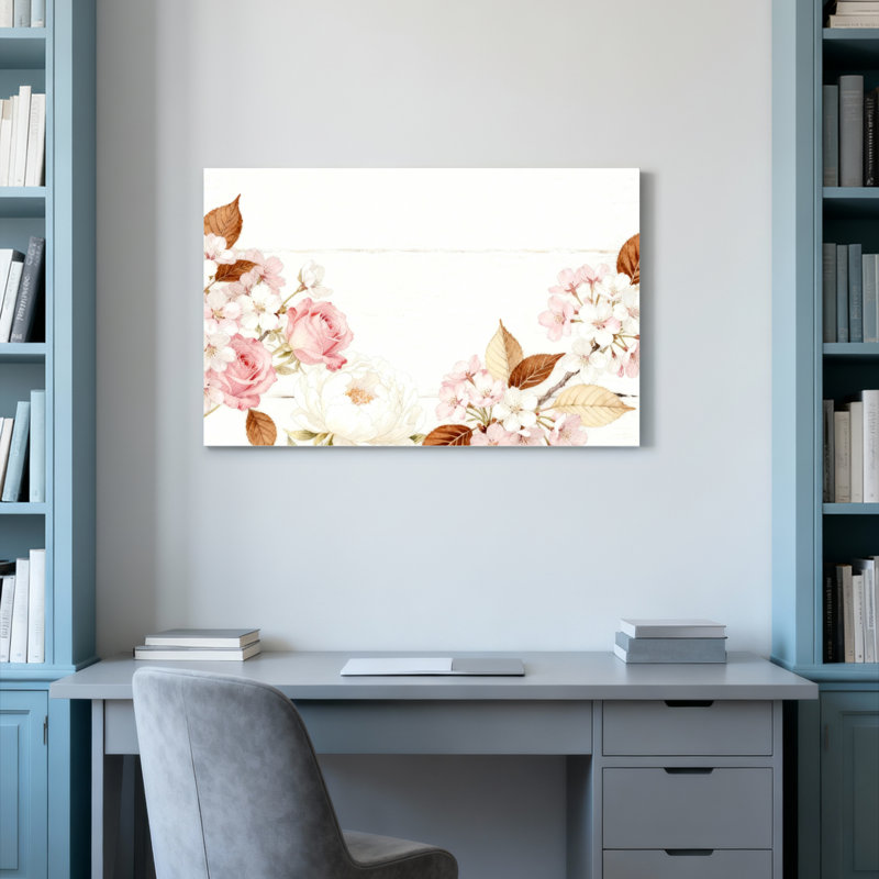 Ensemble de 1 tableau sur toile tendue représentant des roses et des fleurs de cerisier, H 20 po x l 30 po