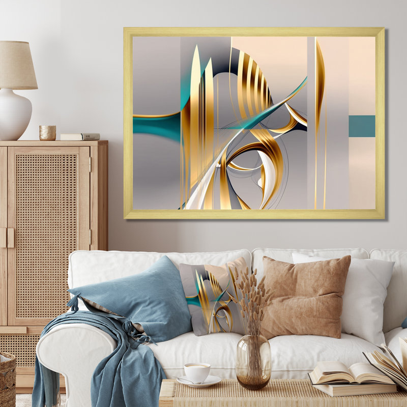 «Minimal Gold Abstraction On Turquoise Horizon I», art mural fractales, H 34 po x l 44 po x P 1,5 po