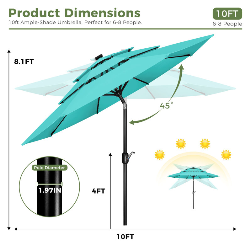 3 m 3-Tier Solar Patio Umbrella,32 LED Lights Patio Table Umbrellas With Tilt And Crank,8 Sturdy Ribs For Market, Beach, Pool, Garden, Deck, Backyard