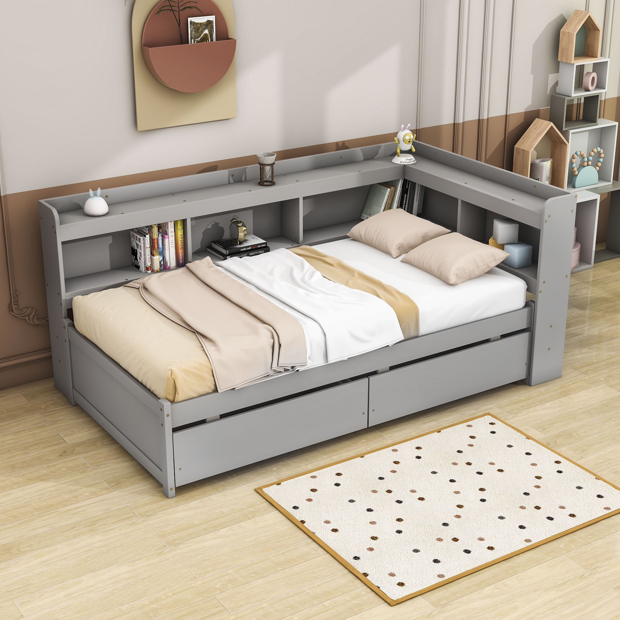 Latitude Run® Two Drawers Wood Platform Bed with Lshaped Bookcase