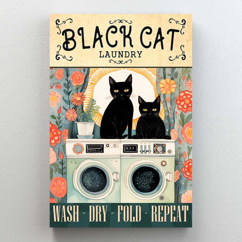 «Black Cat Laundry», reproduction d'art rectangulaire sur toile tendue 1 pièce, H 36 po x l 24 po x P 1,25 po