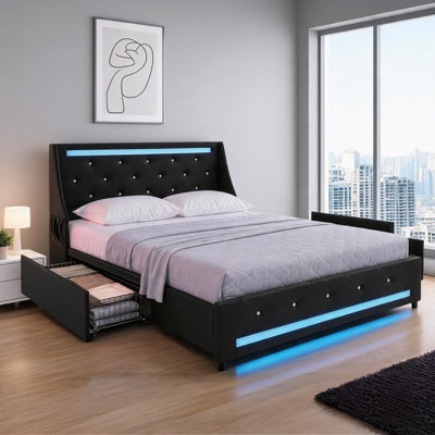 Upholstered Wingback Queen Size Bed Frame, Sleek Black, With Under-Bed Storage LED Lights And Built-In Charging Station For Bedroom