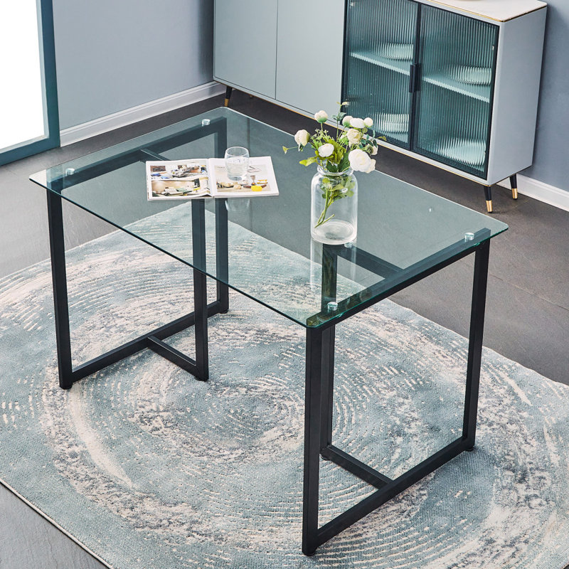Table de salle à manger 47 "en verre transparent et noir et métal, H 29,25 po x L 46,8 po x l 31,49 po