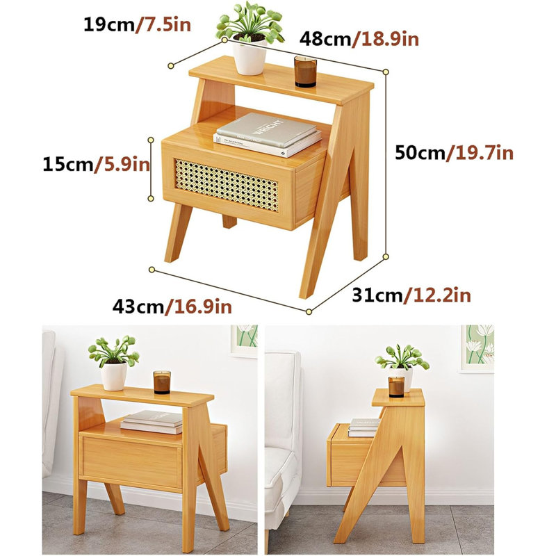 Modern Bamboo Side Table Nightstand With ABS Rattan Grid, solid wood legs And Open Storage Compartment, Nature