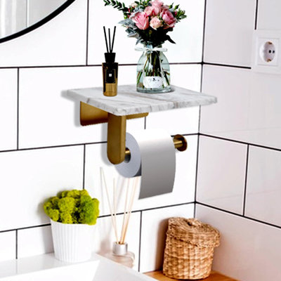 Wall-Mounted Toilet Paper Holder With Natural Marble Shelf, Fits Mega Rolls (7.87 X 4.72 In, Black) - Rust-Proof Stainless Steel, Large Phone Shelf, Easy Installation