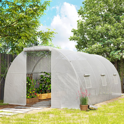 15' x 10' x 6.6' Tunnel Greenhouse with 2 Support Rods, Zippered Roll-up Door and Mesh Windows, Walk-in Greenhouse with PE Cover, Galvanized Steel Frame for Patio, Lawn & Garden, White