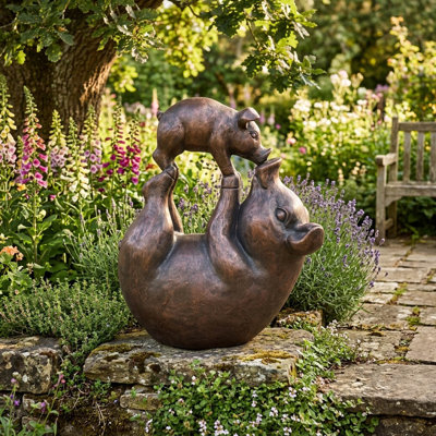 Sculptural Pig Design Polyresin Statue For Garden And Outdoor Decor - Whimsical Decorative Piece Accent For Patio Yard Display - 17" Bronze