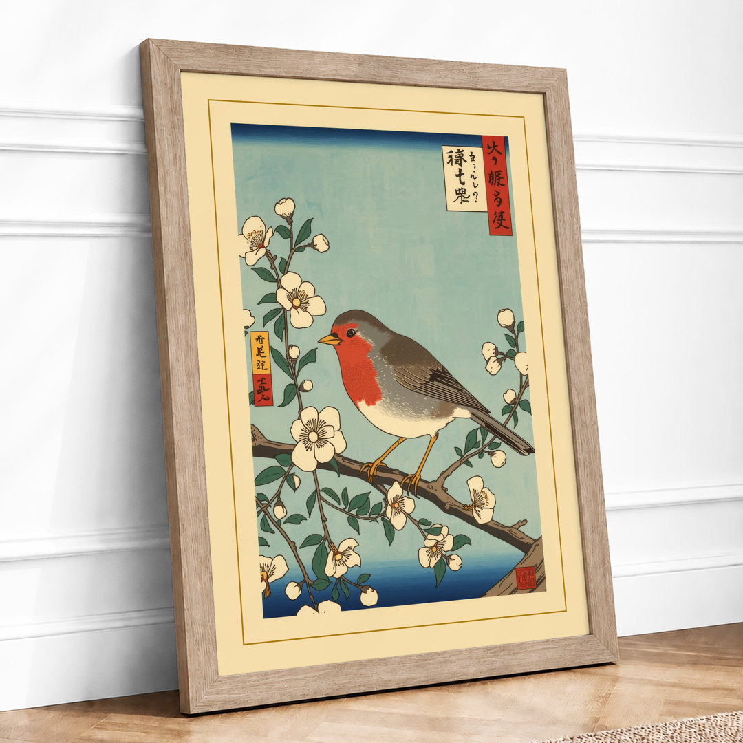 Robin on Blossom Branch Japandi - Framed Print