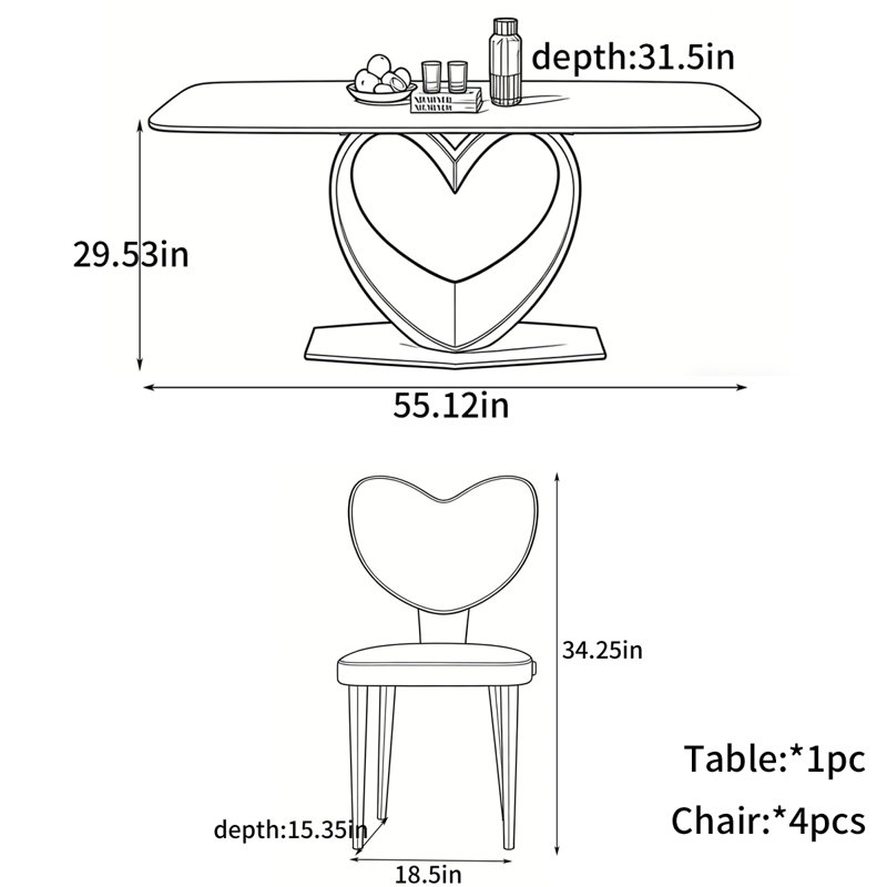 Borgnine, 5 pièces: table, 4 chaises, H 29,53 po x l 55,12 po x P 31,5 po