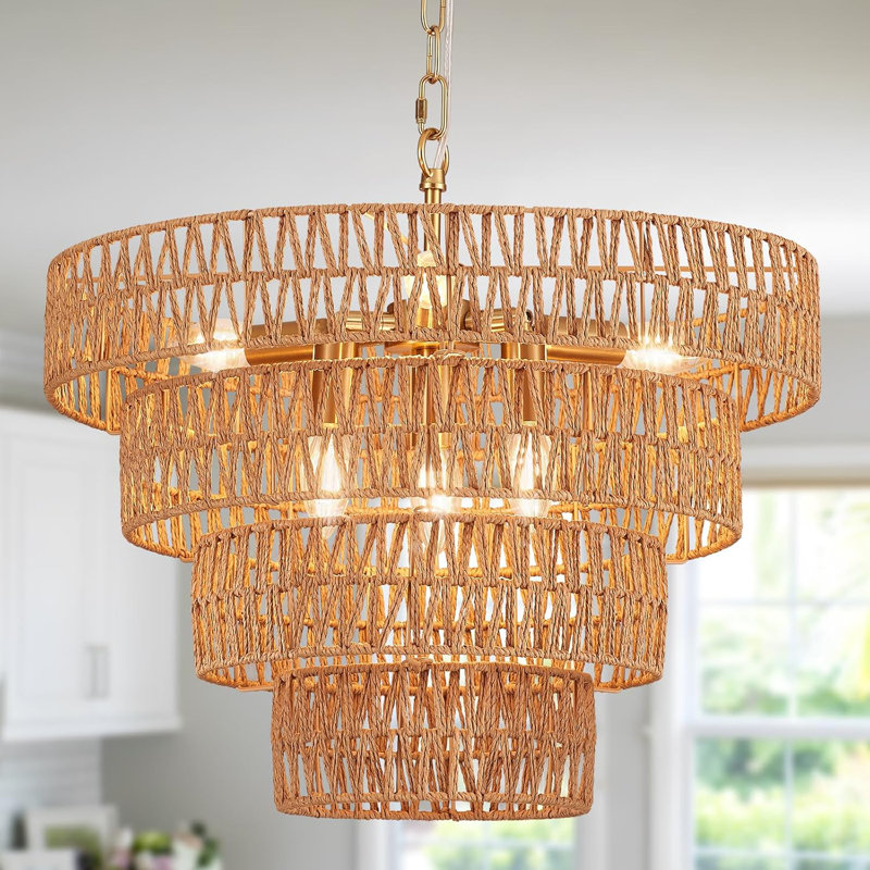 Lustre en rotin tissé à la main - lustre rétro en bambou 6 lumières campagnard Boho pour salle à manger, cuisine, chambre à coucher