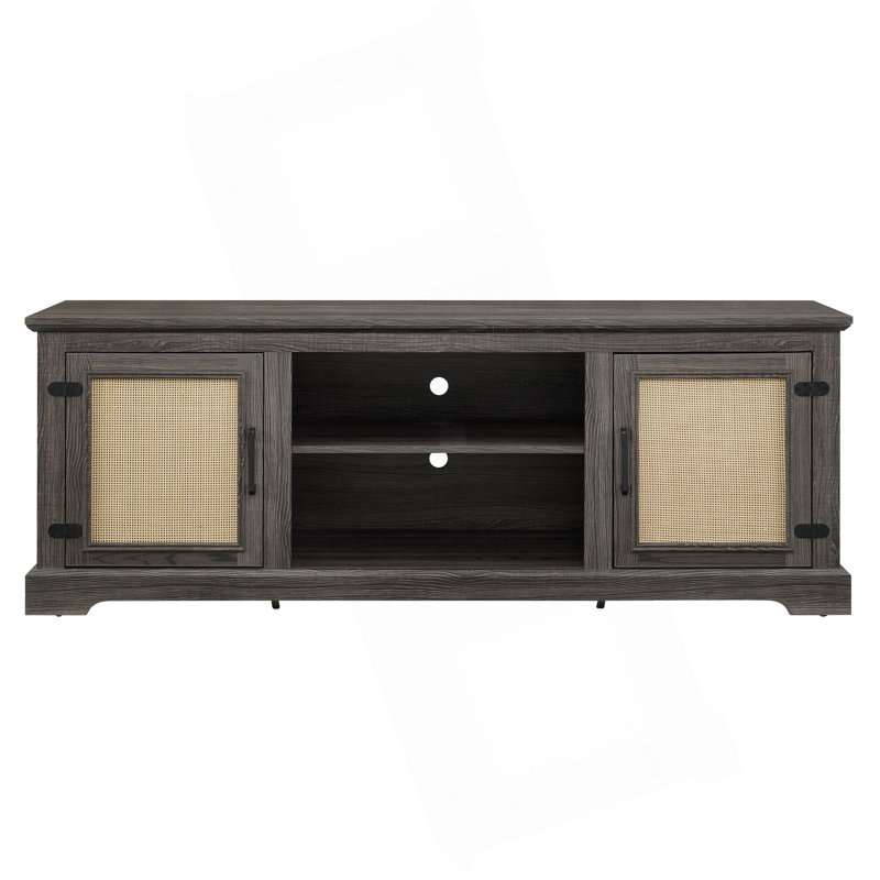 Farmhouse Rattan TV Stand Console Table For Tvs Up To 70 Inches, TV Console Table With 2 Storage Shelves,2 Natural Rattan Door Cabinets,65"W*15.55"D*23.86"H