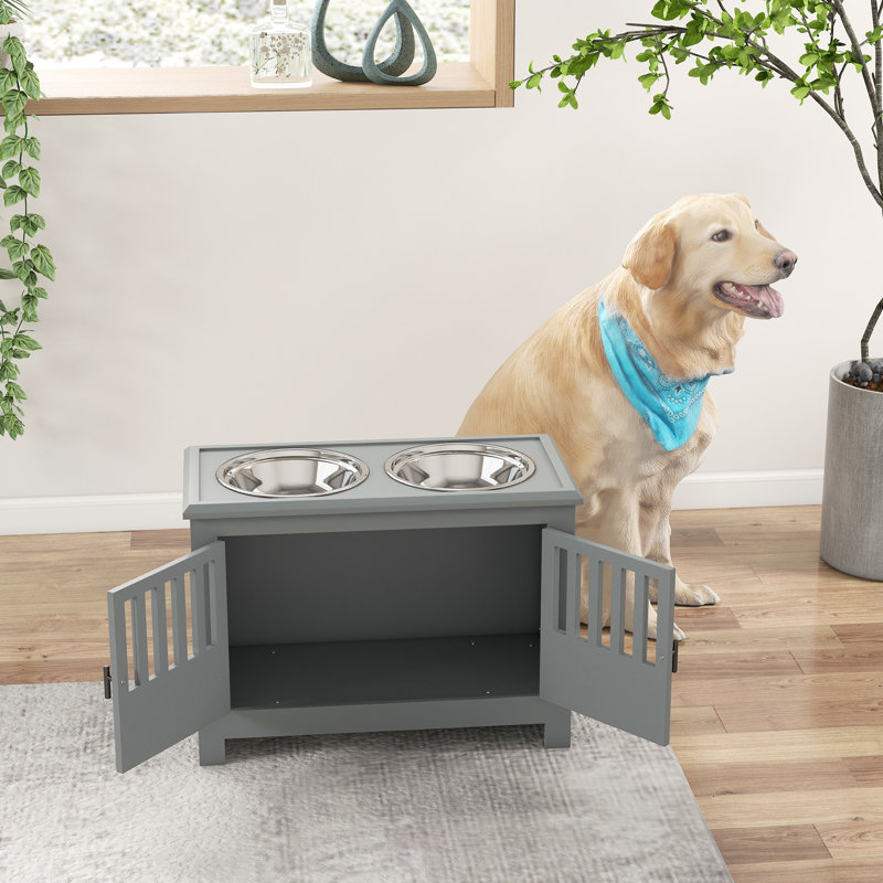 Gray Elevated Dog Feeding Station With Space - Promoting Dogs' Comfortable Eating Large Cabinet Bowls For Better Health