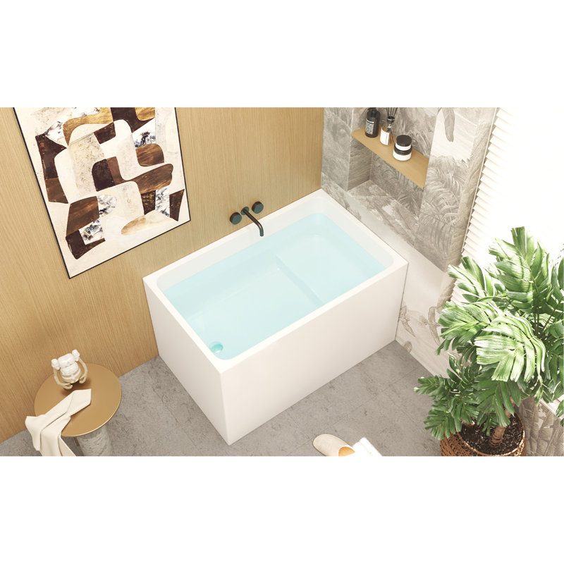 43" Acrylic Freestanding Bathtub With Seat: Spacious Rectangle Shape, Gloss White Finish, Chrome Overflow & Pop-Up Drain