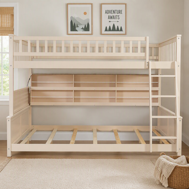 Lit double superposé au-dessus de grand lit double avec tablettes intégrées, lumières à changement de couleur et panneau perforé, beige