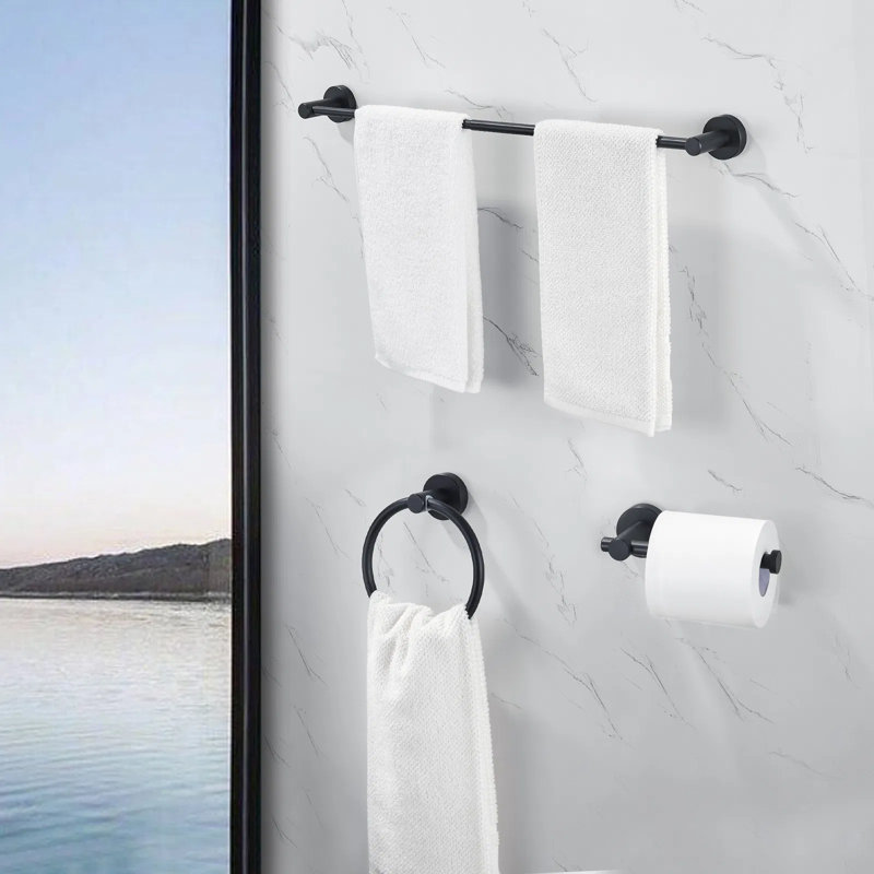 Matte Black Adjustable Bathroom Hardware Set - 3 Piece Towel Bar, Toilet Paper Holder & Towel Ring, Durable Aluminum Bathroom Accessories