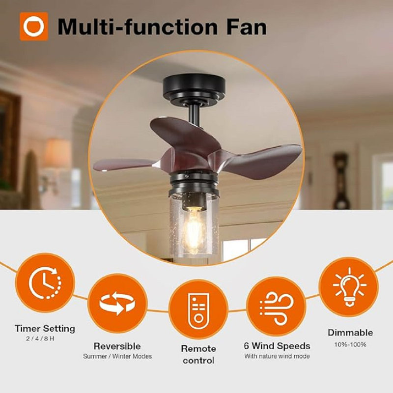 22 Inch Black and Wood Ceiling Fan with Glass Lampshade and Remote