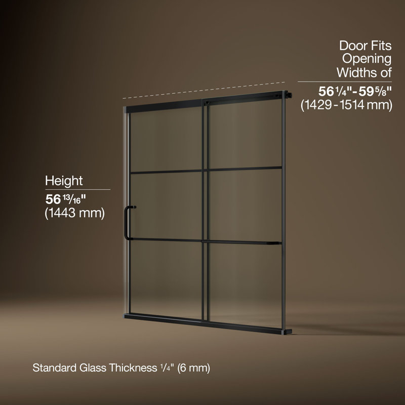 Elate Sliding Bath Door, 56-3/4-In H X 56-1/4 - 59-5/8-In W, With 1/4-In Thick Frosted Glass With Rectangular Grille Pattern