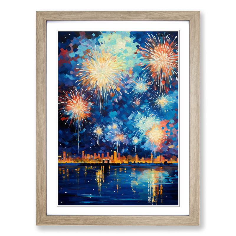 Fireworks Impressionism - Single Picture Frame Print on Wood, Oak, 46cm H x 34cm W x 2cm D