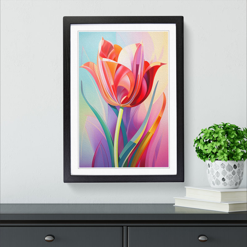 Tulip Flower Art Deco No.2 - Single Picture Frame Print on Wood, Black Framed, 64cm H x 46cm W