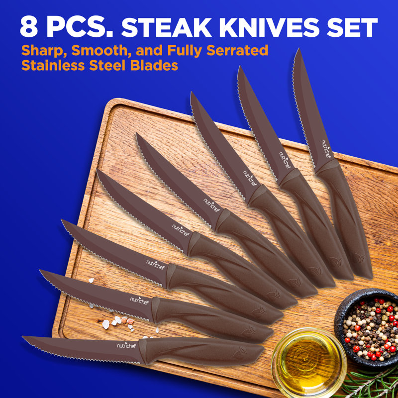 NutriChef 8-Piece Brown Stainless Steel Steak Knife Set