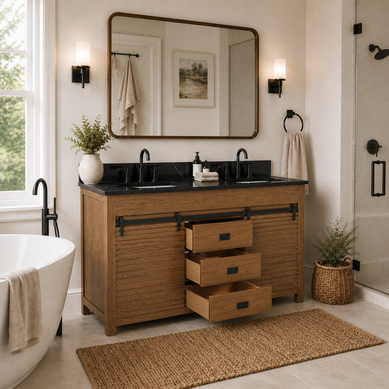 Ensemble de meuble-lavabo autoportant avec porte en grange coulissante 48 po Aldiana