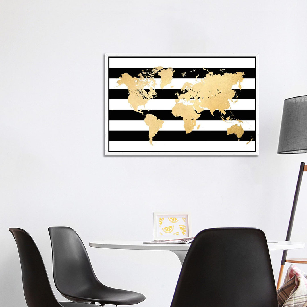 Gold und schwarz-weiß gestreifte Weltkarte von Blursbyai - Galerie- Giclée