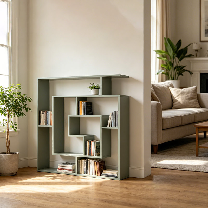 6 Tier Freestanding Geometric Bookcase, Wall Mounted Bookshelf, Floating Book Shelves For Bedroom Living Room, Green