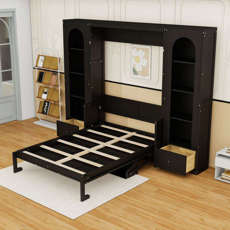 Queen Wooden Murphy Platform Bed with 2 Drawers and Shelves and LED, Black