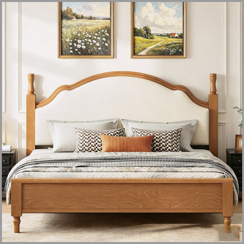Grand lit plateforme en bois avec tête de lit tapissier, structure brune et tissu beige, Grand lit, Brun