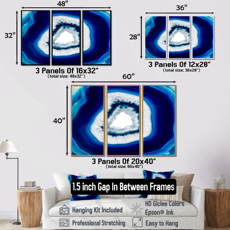 «Slice Of Blue Agate Crystal», ensemble de 3 toiles encadrées, H 32 po x l 48 po, Argent argent