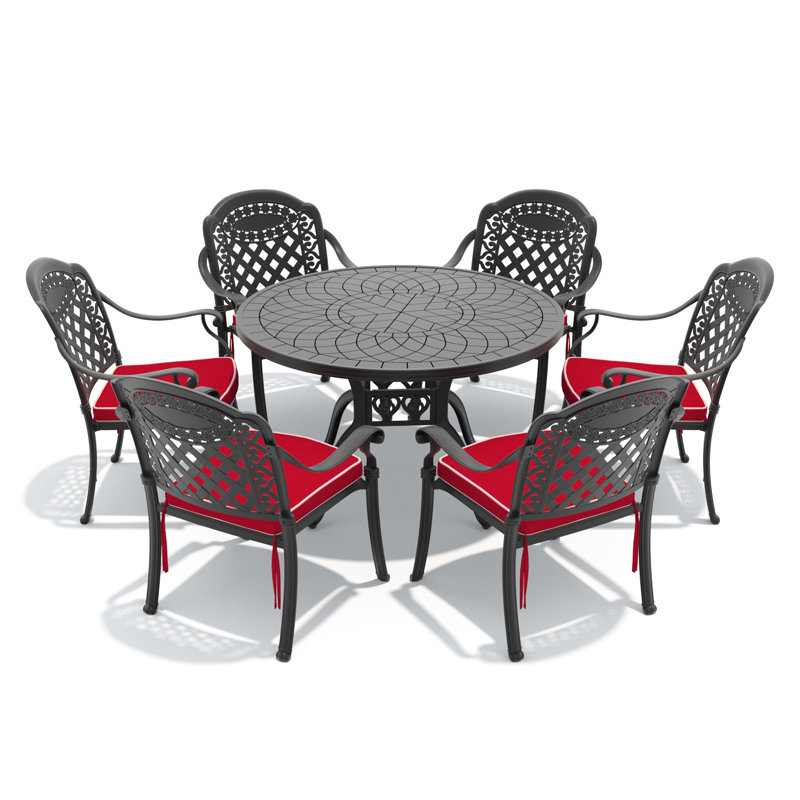 Ensemble de 7 pièces de mobilier de patio en aluminium coulé avec cadre noir et coussins de siège rouges