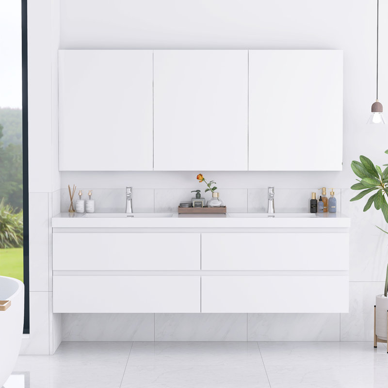 Meuble-lavabo mural moderne 72 po avec double évier intégré à surface solide et 4 tiroirs, Glossy White
