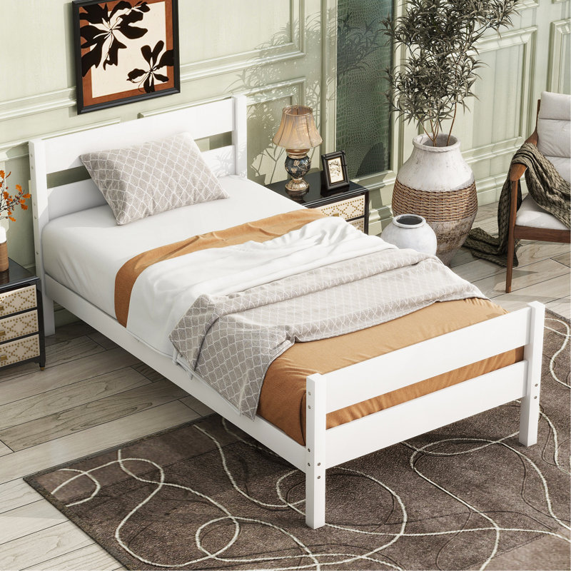 Lit simple avec tête et pied de lit, lit en bois d'hévéa, blanc, Blanc