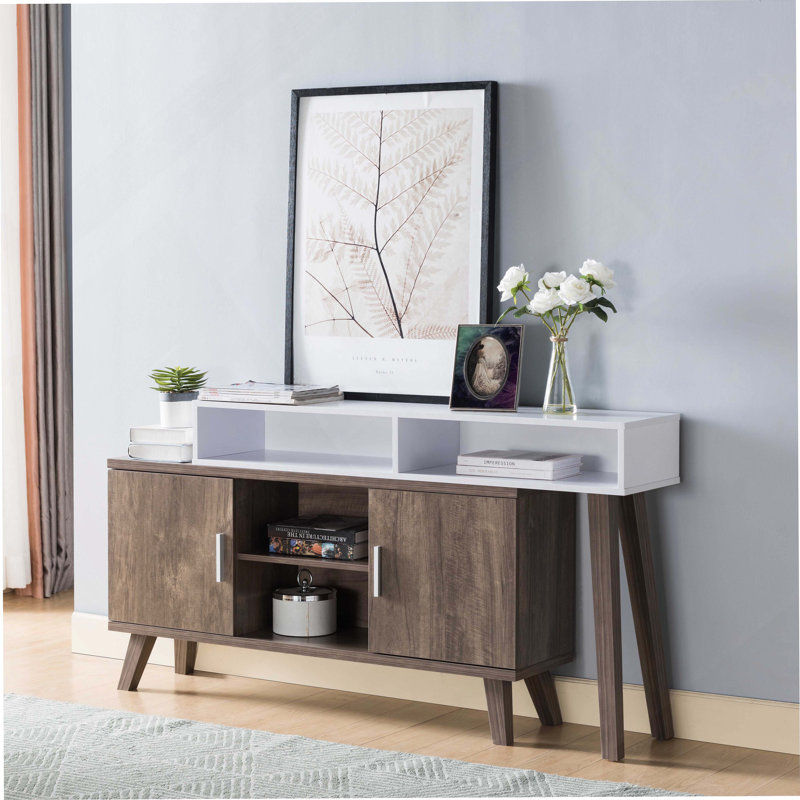 Home Entryway Console Table with Multi- Storage Compartments, Display Cabinet, Hazelnut and White