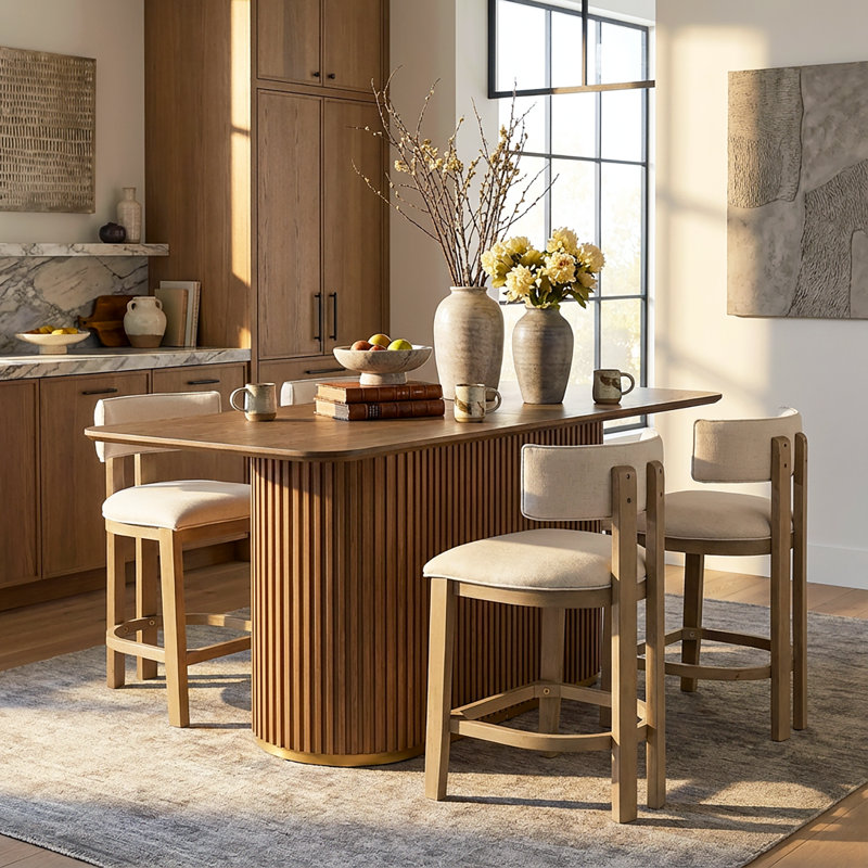 Ensemble de bar à hauteur de comptoir en bois d'hévéa 5 pièces Kyra, Beige / frêne clair, Frêne clair