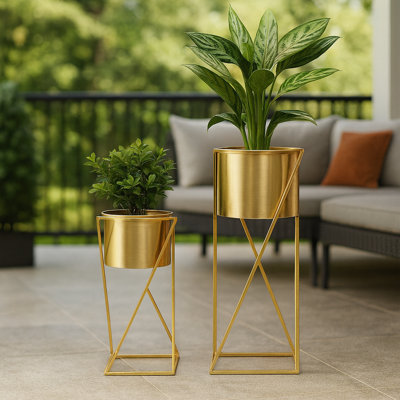 Ensemble de pots à fleurs modernes dorés avec supports, ensemble de 2 grands pots de plantes d'intérieur en métal pour la maison, le bureau et le salon