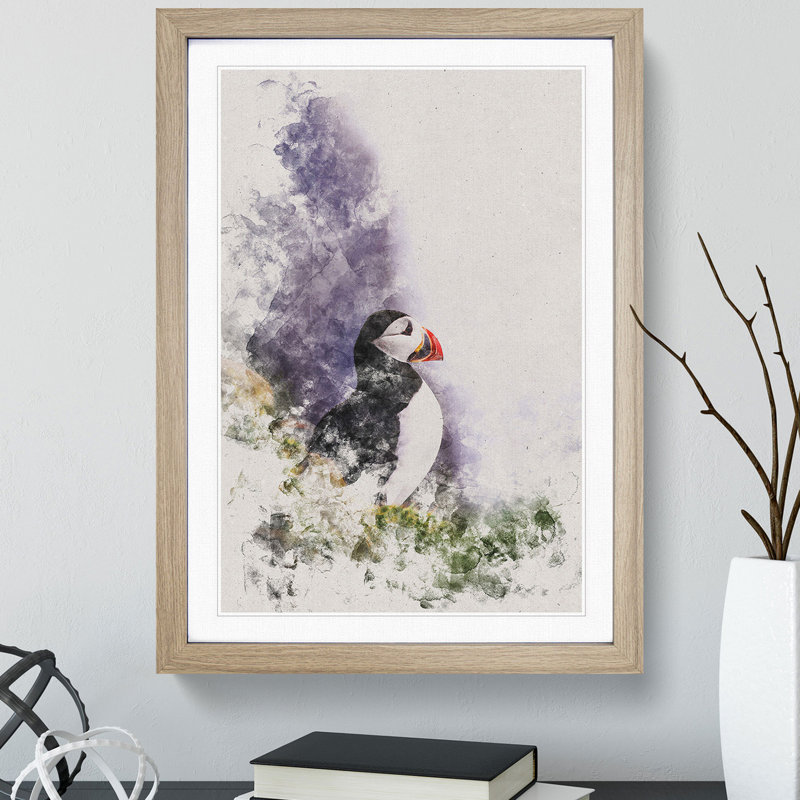 Atlantic Puffin Birds Vol.7 Watercolour - Picture Frame Graphic Art, 48cm H x 36cm W x 2cm D, Oak